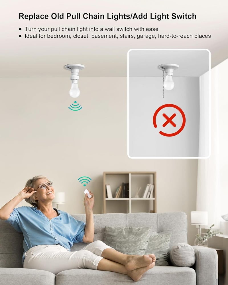 treewell Remote Control Light Bulb Socket, Decorator Rocker Wall Switch, 200FT Range Wireless Light Switch for Pull Chain Light Fixture, E26 E27 Base, No Wiring Needed (1 Wall Switch and 2 Sockets) - Image 3